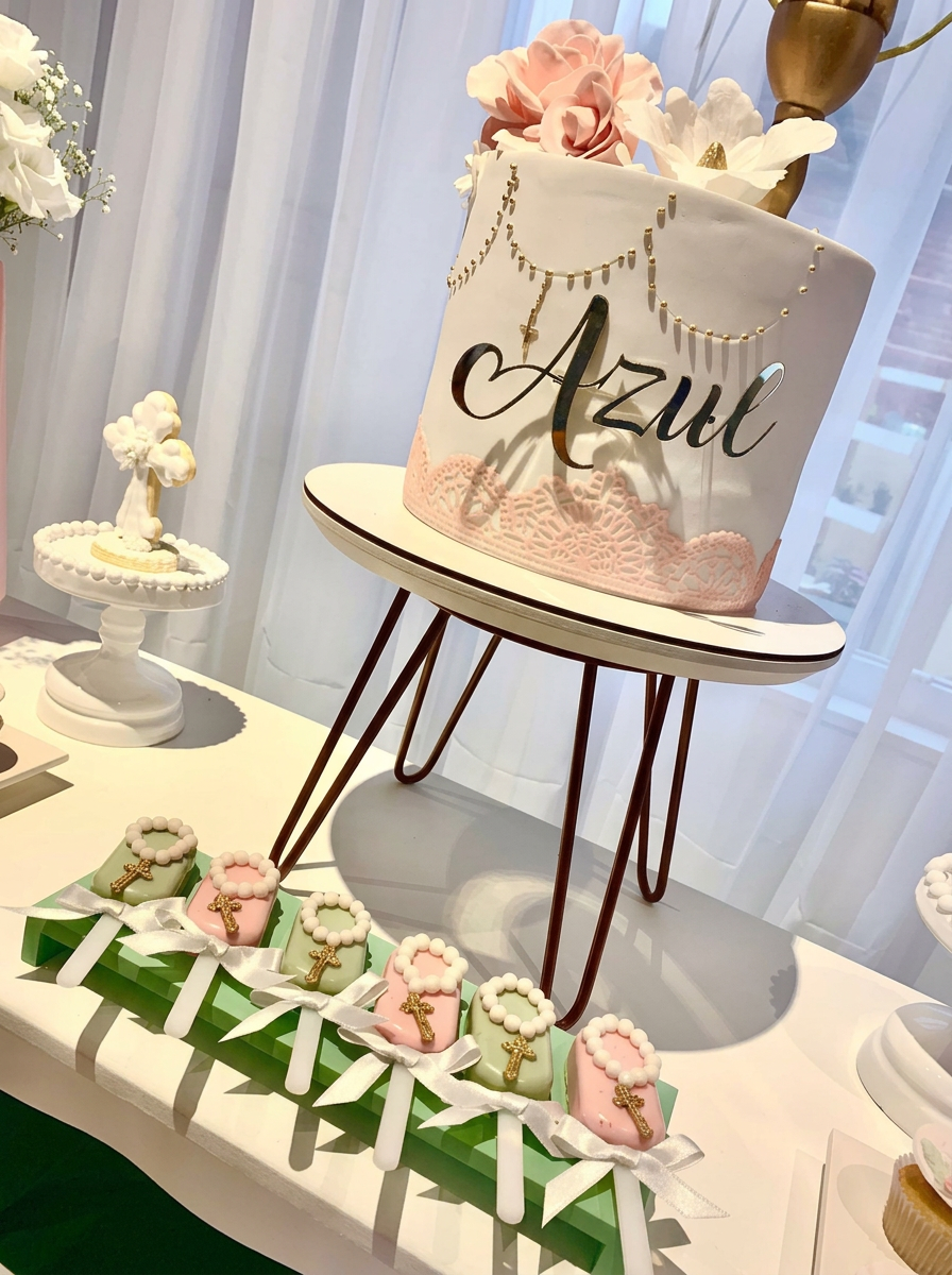 Mesa dulce de bautismo con torta personalizada