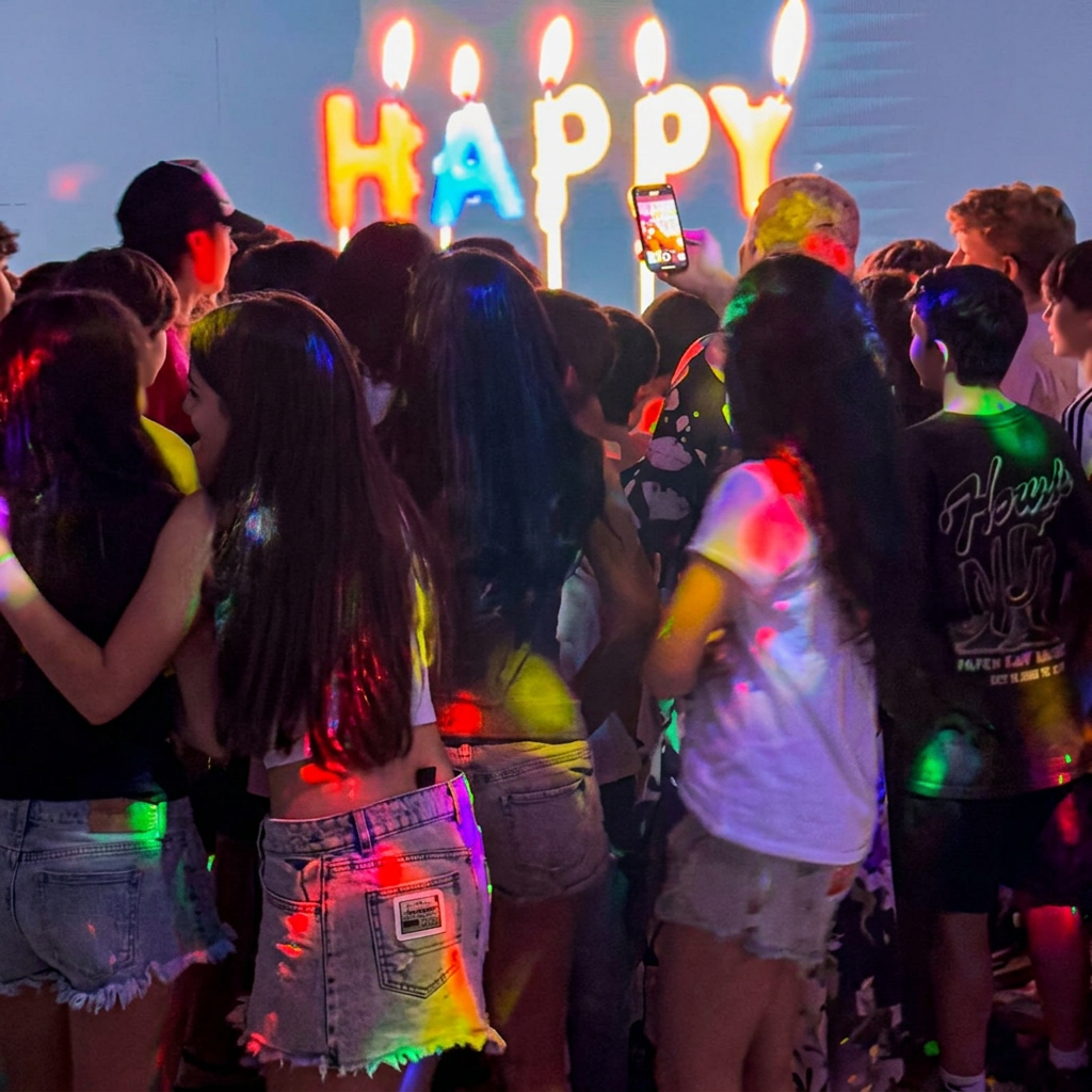 Fiesta de adolescentes con luces y cartel Happy